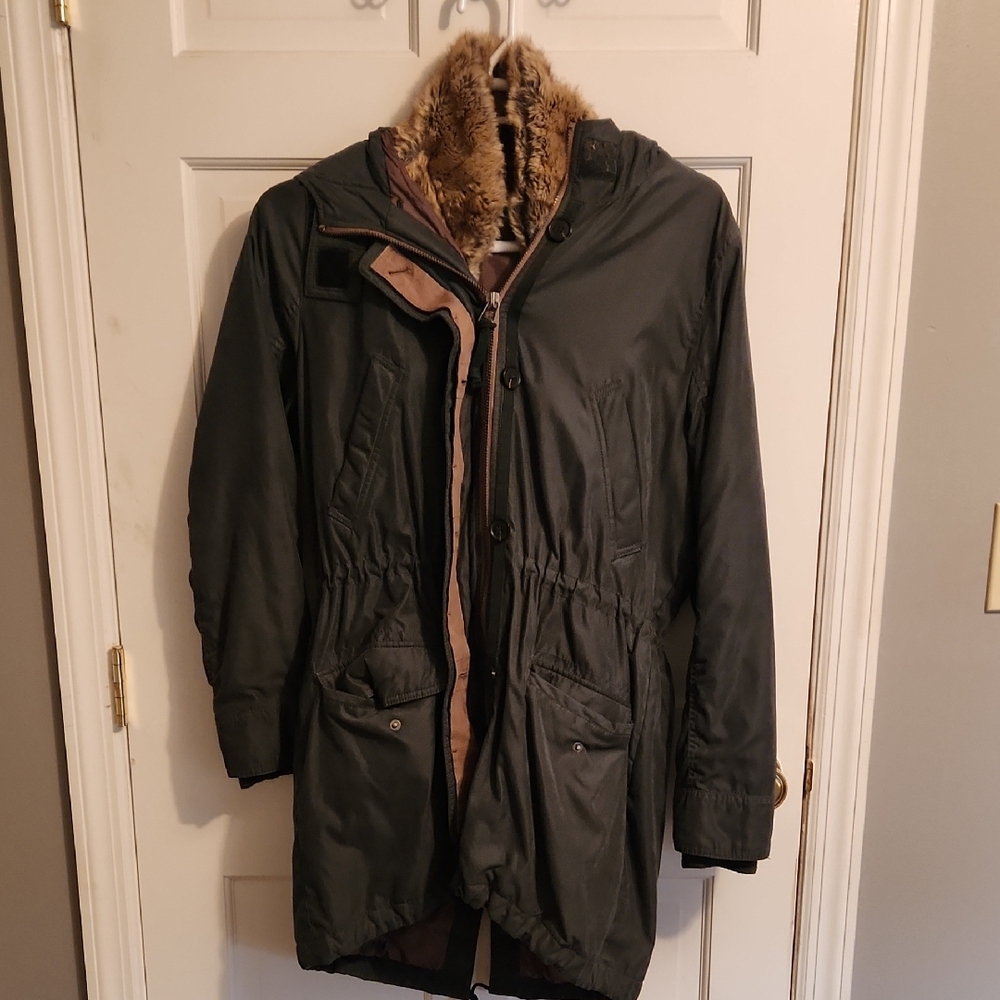 Abercrombie & Fitch Coat - Green With Brown Faux Fur Coat